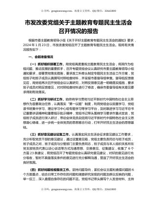 市发改委党组关于主题教育专题民主生活会召开情况的报告