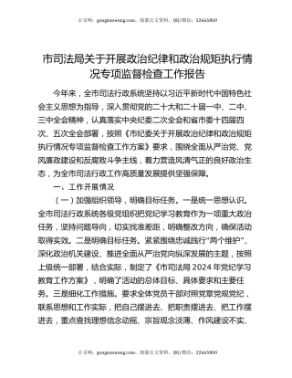 市司法局关于开展政治纪律和政治规矩执行情况专项监督检查工作报告