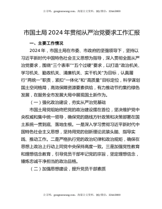 市国土局2024年贯彻从严治党要求工作汇报