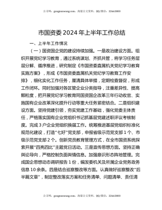 市国资委2024年上半年工作总结
