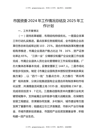 市国资委2024年工作情况总结及2025年工作计划