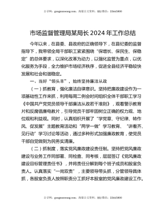 市场监督管理局某局长2024年工作总结