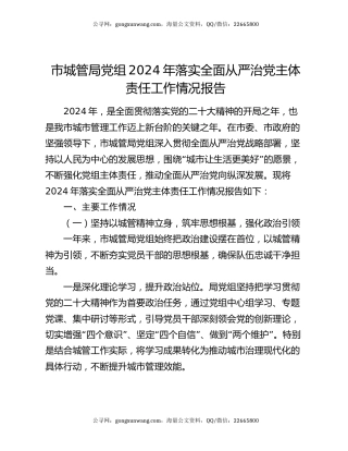 市城管局党组2024年落实全面从严治党主体责任工作情况报告