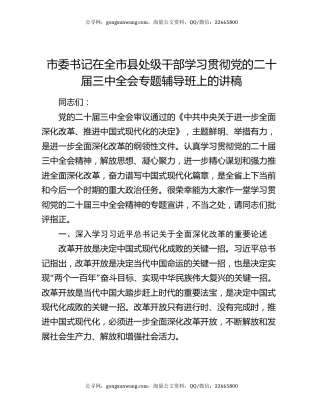 市委书记在全市县处级干部学习贯彻党的二十届三中全会专题辅导班上的讲稿