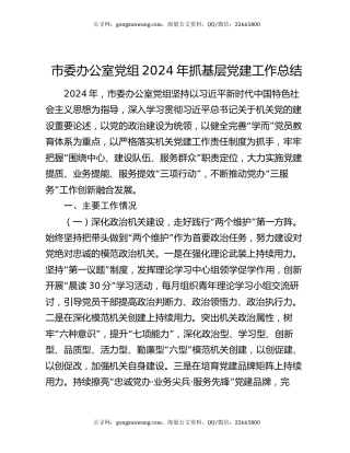 市委办公室党组2024年抓基层党建工作总结
