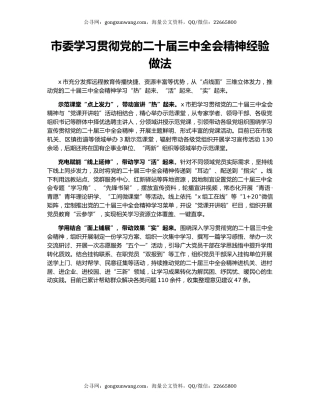 市委学习贯彻党的二十届三中全会精神经验做法