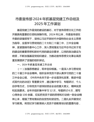 市委宣传部2024年抓基层党建工作总结及2025年工作谋划