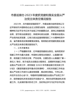 市委巡察办2023年度抓党建和落实全面从严治党主体责任情况报告