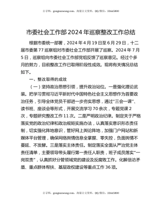 市委社会工作部2024年巡察整改工作总结