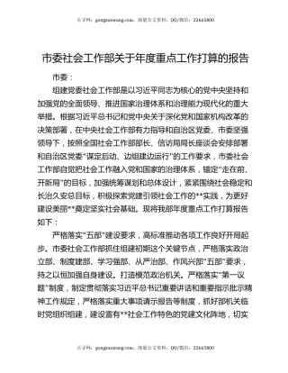 市委社会工作部关于年度重点工作打算的报告