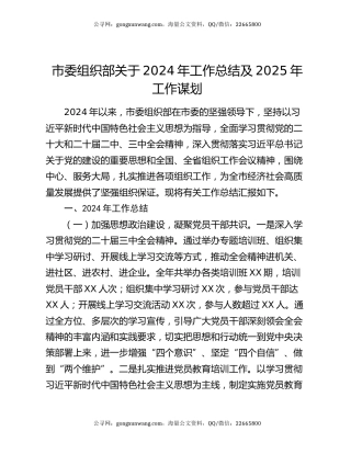 市委组织部关于2024年工作总结及2025年工作谋划