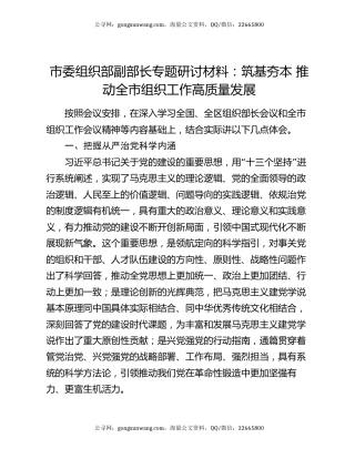 市委组织部副部长专题研讨材料：筑基夯本 推动全市组织工作高质量发展