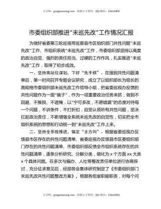 市委组织部推进“未巡先改”工作情况汇报
