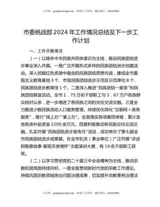 市委统战部2024年工作情况总结及下一步工作计划