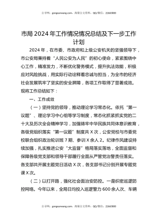 市局2024年工作情况情况总结及下一步工作计划