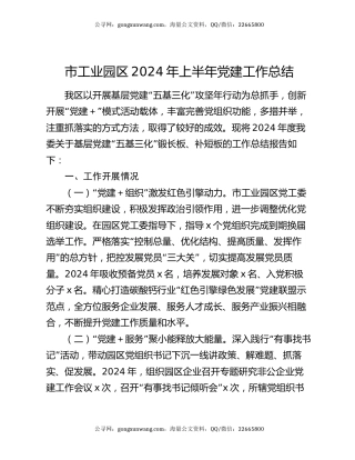 市工业园区2024年上半年党建工作总结