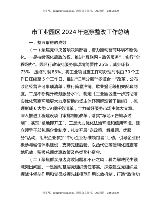 市工业园区2024年巡察整改工作总结