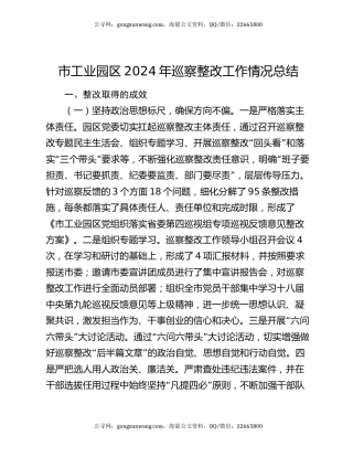 市工业园区2024年巡察整改工作情况总结