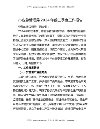 市应急管理局 2024 年前三季度工作报告