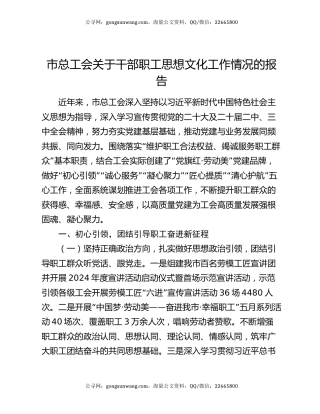 市总工会关于干部职工思想文化工作情况的报告