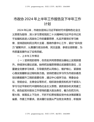 市政协2024年上半年工作报告及下半年工作计划