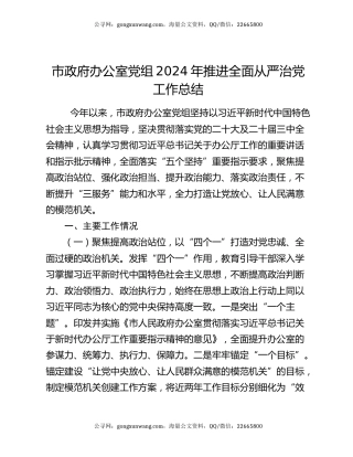 市政府办公室党组2024年推进全面从严治党工作总结