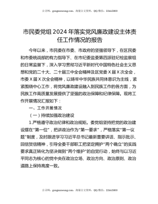 市民委党组2024年落实党风廉政建设主体责任工作情况的报告