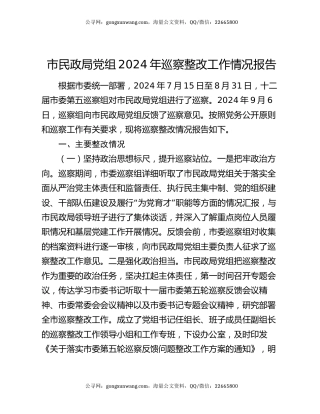 市民政局党组2024年巡察整改工作情况报告