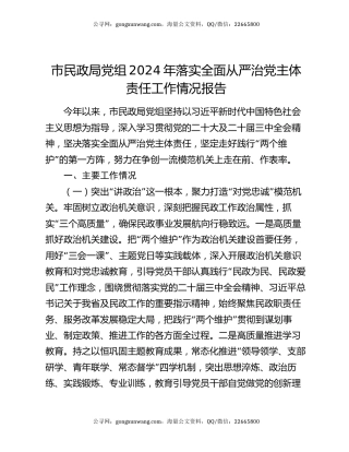 市民政局党组2024年落实全面从严治党主体责任工作情况报告