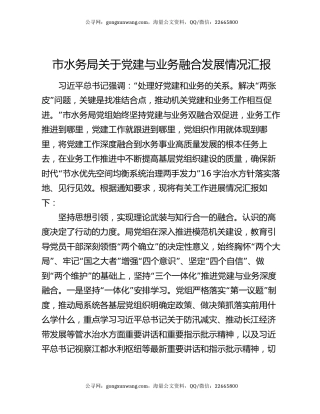 市水务局关于党建与业务融合发展情况汇报