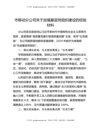 市移动分公司关于加强基层党组织建设的经验材料