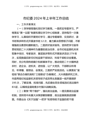 市纪委2024年上半年工作总结