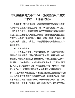 市纪委监委党支部2024年落实全面从严治党主体责任工作情况报告