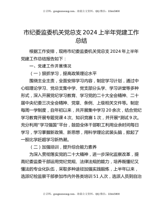 市纪委监委机关党总支2024上半年党建工作总结