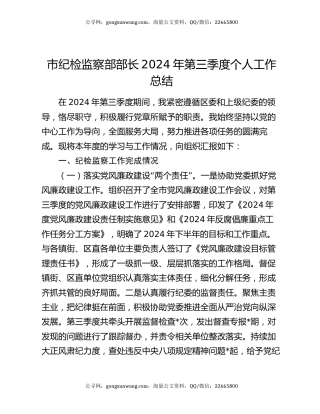 市纪检监察部部长2024年第三季度个人工作总结