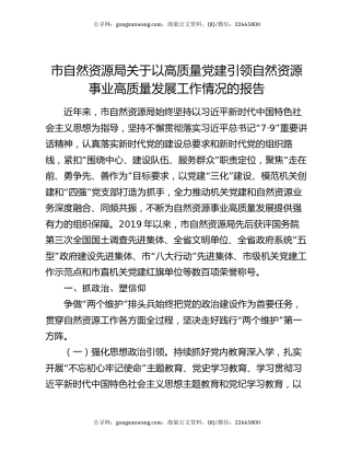 市自然资源局关于以高质量党建引领自然资源事业高质量发展工作情况的报告