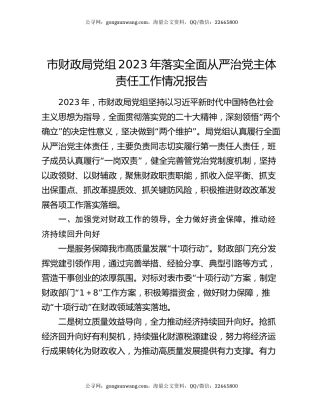 市财政局党组2023年落实全面从严治党主体责任工作情况报告