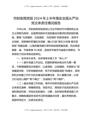 市财政局党组2024年上半年落实全面从严治党主体责任情况报告