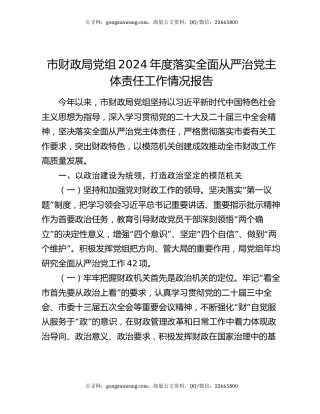市财政局党组2024年度落实全面从严治党主体责任工作情况报告