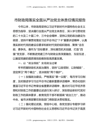市财政局落实全面从严治党主体责任情况报告