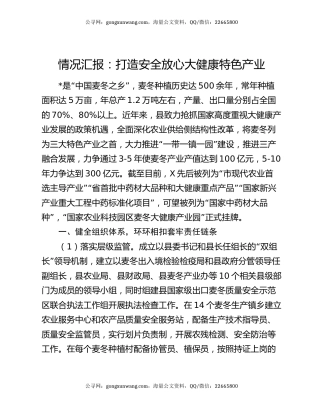 情况汇报：打造安全放心大健康特色产业