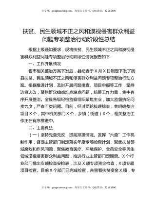 扶贫、民生领域不正之风和漠视侵害群众利益问题专项整治行动阶段性总结