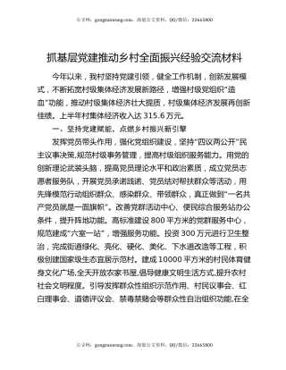 抓基层党建推动乡村全面振兴经验交流材料