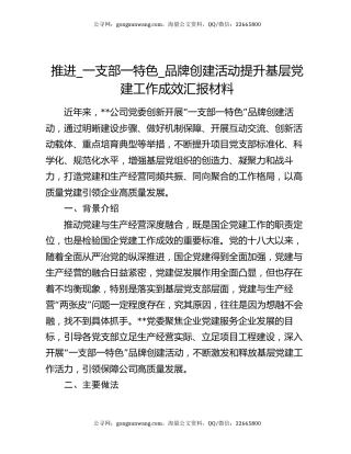 推进一支部一特色品牌创建活动提升基层党建工作成效汇报材料