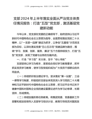 支部2024年上半年落实全面从严治党主体责任情况报告：打造“五型”党支部，激活基层党建新动能