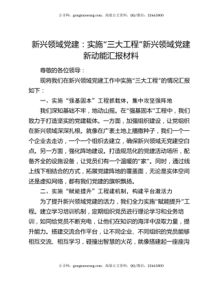 新兴领域党建：实施“三大工程” 新兴领域党建新动能汇报材料
