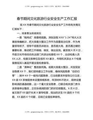 春节期间文化旅游行业安全生产工作汇报