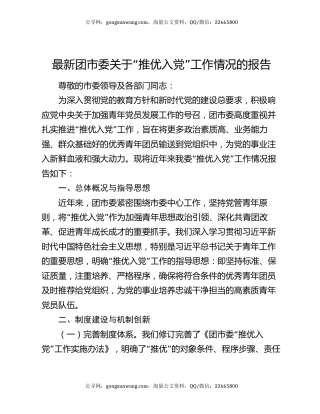 最新团市委关于“推优入党”工作情况的报告