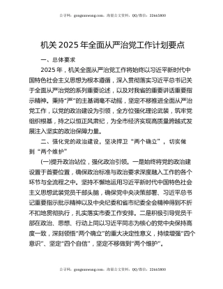 机关 2025 年全面从严治党工作计划要点