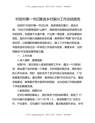 村驻村第一书记推进乡村振兴工作总结报告